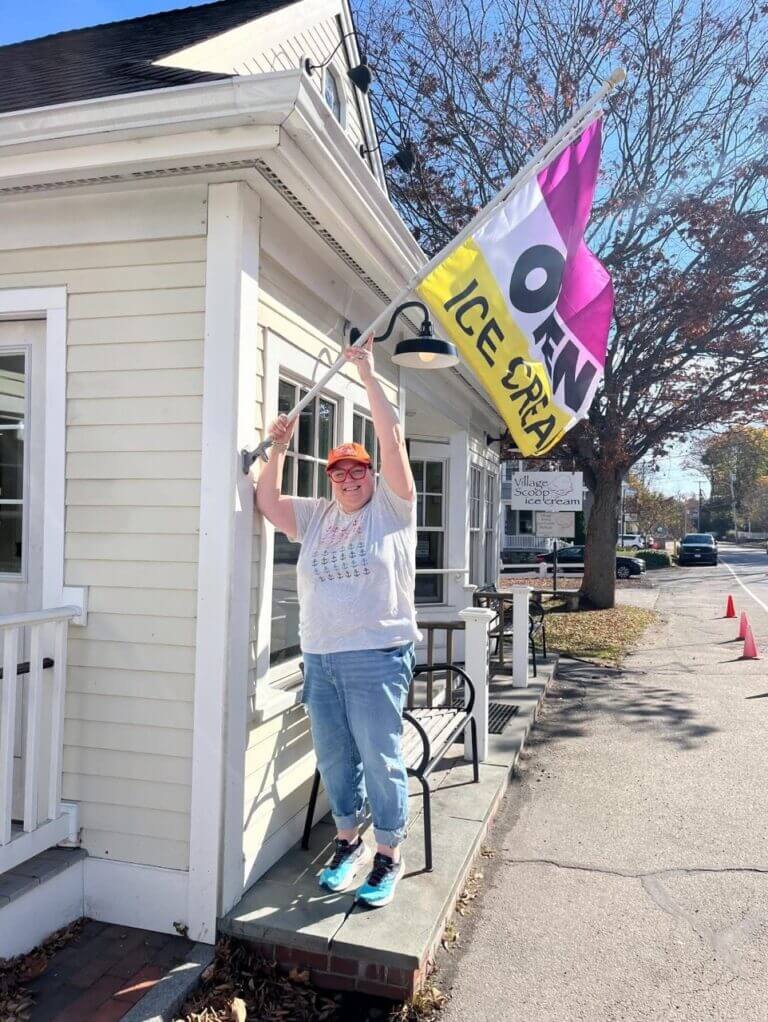 Meredith outside Village Scoop Ice Cream Shop in York Village, Maine