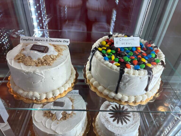 Custom Ice Cream Cakes in the case at Village Scoop